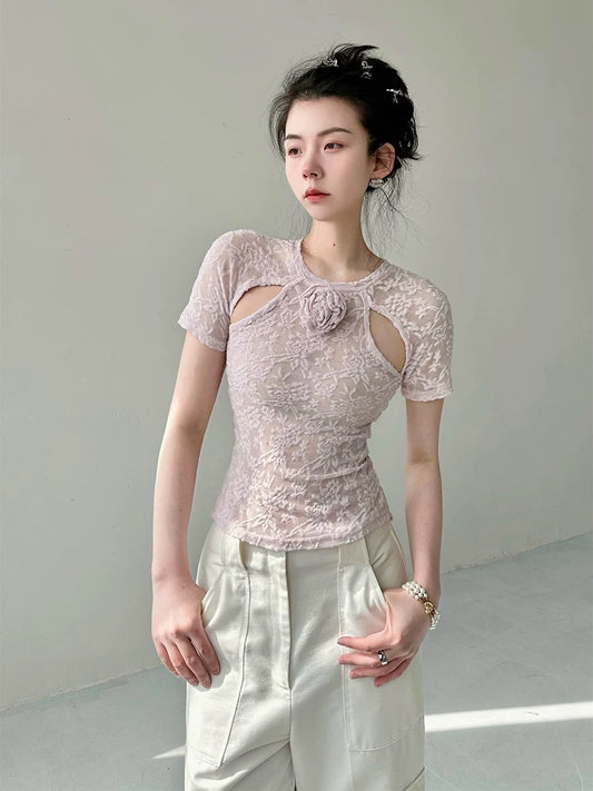 Ledisa original design chic hollow tops women's summer three-dimensional rose flower slim fit gg1593