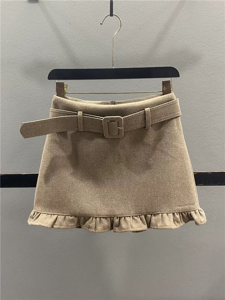 Retro-style wool midi skirt with ruffled trim, new autumn/winter 2025 style, youthful, slimming, sexy, bodycon A-line mini skirt