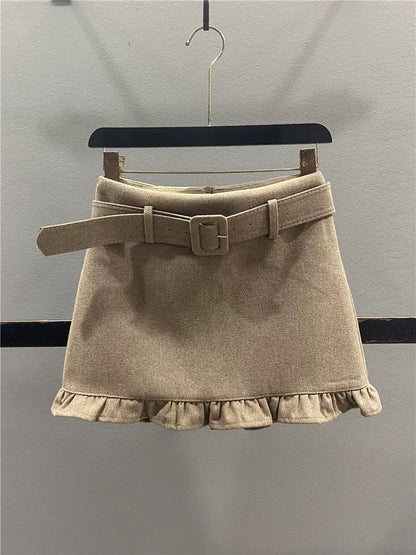 Retro-style wool midi skirt with ruffled trim, new autumn/winter 2025 style, youthful, slimming, sexy, bodycon A-line mini skirt
