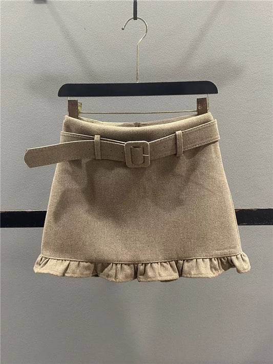 Retro-style wool midi skirt with ruffled trim, new autumn/winter 2025 style, youthful, slimming, sexy, bodycon A-line mini skirt