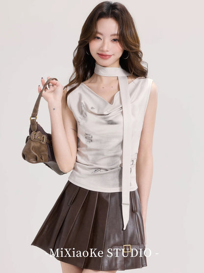 Mi Xiaoke American style halter neck one shoulder short-sleeved T-shirt for women in summer with a stylish and elegant sway collar and hot girl sleeveless top