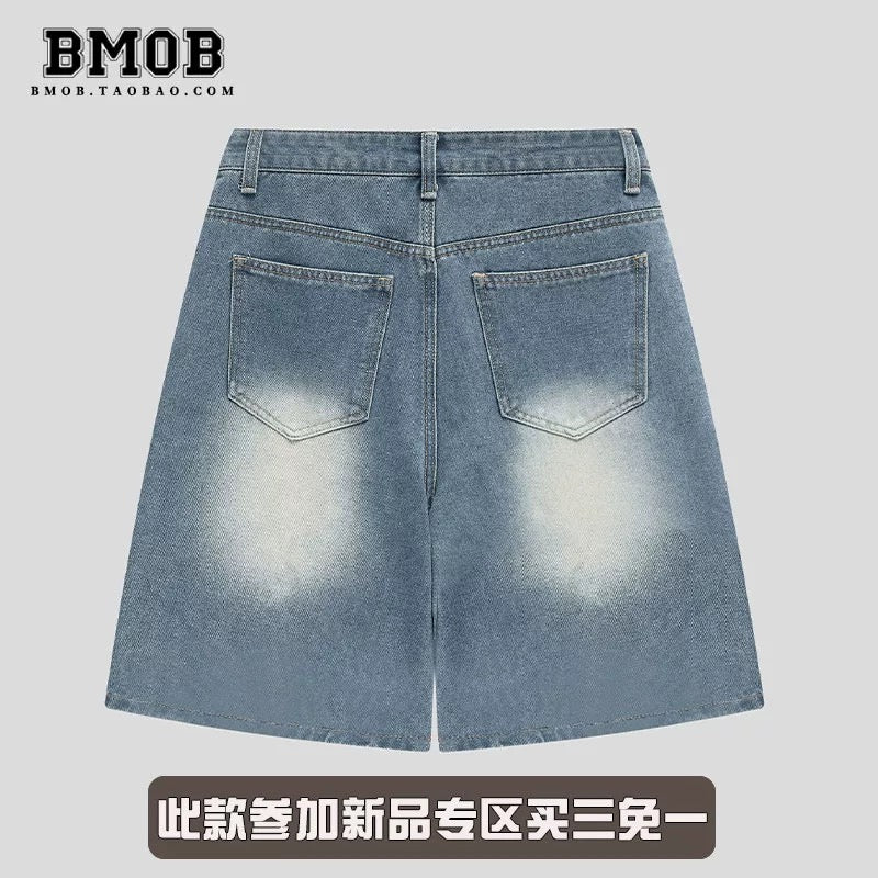 BMOB American Retro Floral Embroidered Denim Shorts for Men and Women, Summer Trendy Loose Casual Cool Five-Point Pants