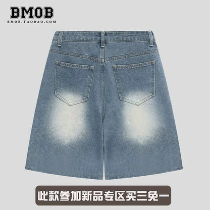 BMOB American Retro Floral Embroidered Denim Shorts for Men and Women, Summer Trendy Loose Casual Cool Five-Point Pants