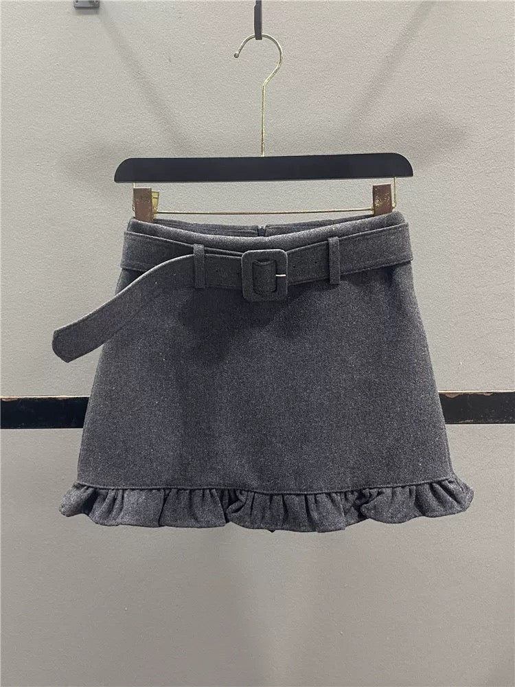 Retro-style wool midi skirt with ruffled trim, new autumn/winter 2025 style, youthful, slimming, sexy, bodycon A-line mini skirt