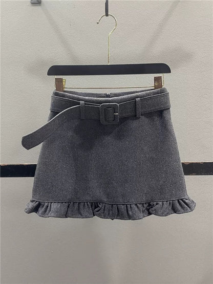 Retro-style wool midi skirt with ruffled trim, new autumn/winter 2025 style, youthful, slimming, sexy, bodycon A-line mini skirt