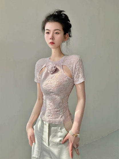 Ledisa original design chic hollow tops women's summer three-dimensional rose flower slim fit gg1593