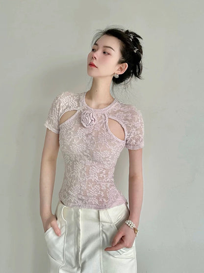 Ledisa original design chic hollow tops women's summer three-dimensional rose flower slim fit gg1593