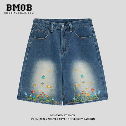 BMOB American Retro Floral Embroidered Denim Shorts for Men and Women, Summer Trendy Loose Casual Cool Five-Point Pants
