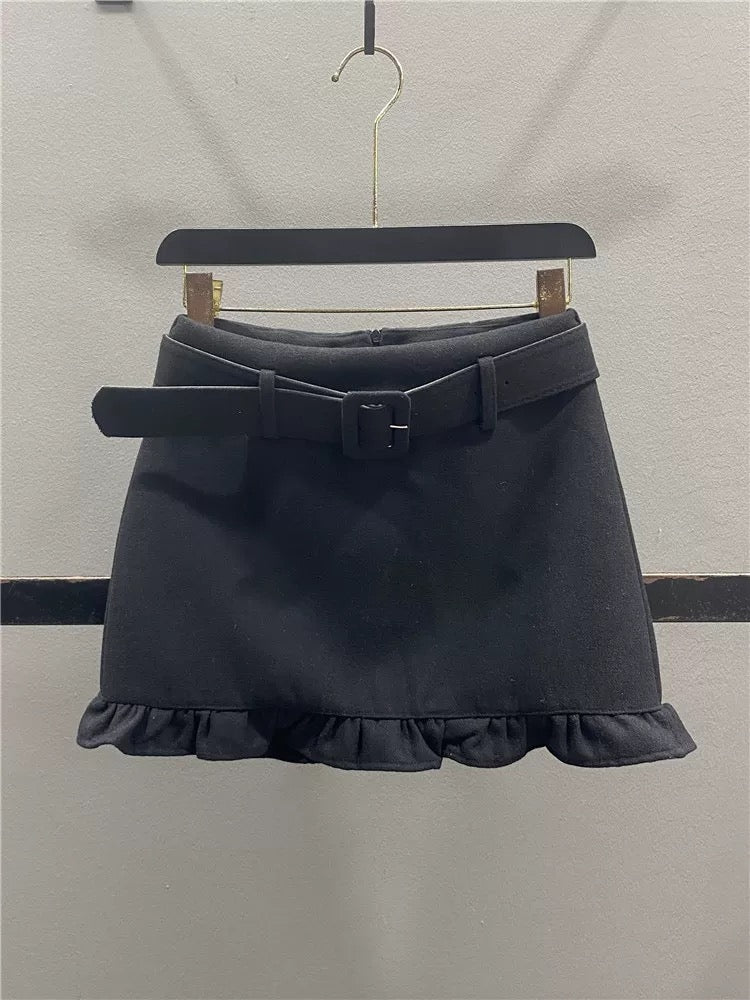Retro-style wool midi skirt with ruffled trim, new autumn/winter 2025 style, youthful, slimming, sexy, bodycon A-line mini skirt