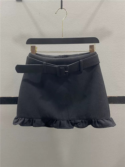 Retro-style wool midi skirt with ruffled trim, new autumn/winter 2025 style, youthful, slimming, sexy, bodycon A-line mini skirt