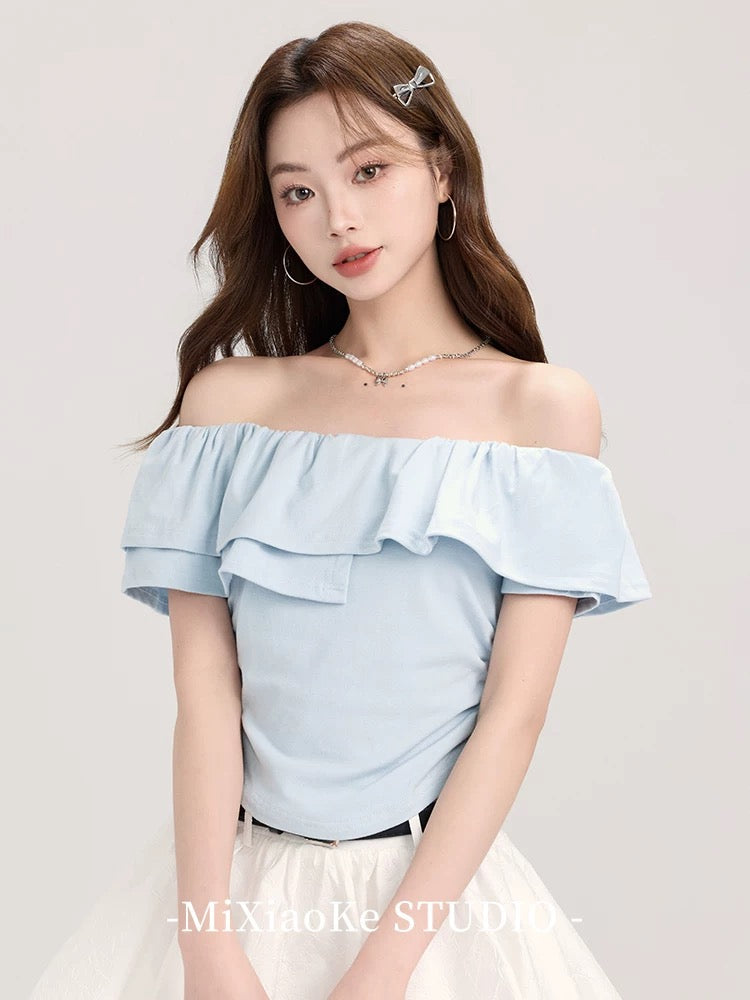 Mi Xiaoke French ruffled one-shoulder short-sleeved T-shirt for women in summer with a slim fit and pleated short top
