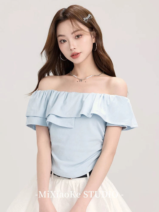 Mi Xiaoke French ruffled one-shoulder short-sleeved T-shirt for women in summer with a slim fit and pleated short top