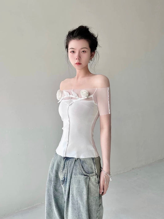 Ledisa original white one-shoulder splicing mesh handmade rose hot girl design top gg1627