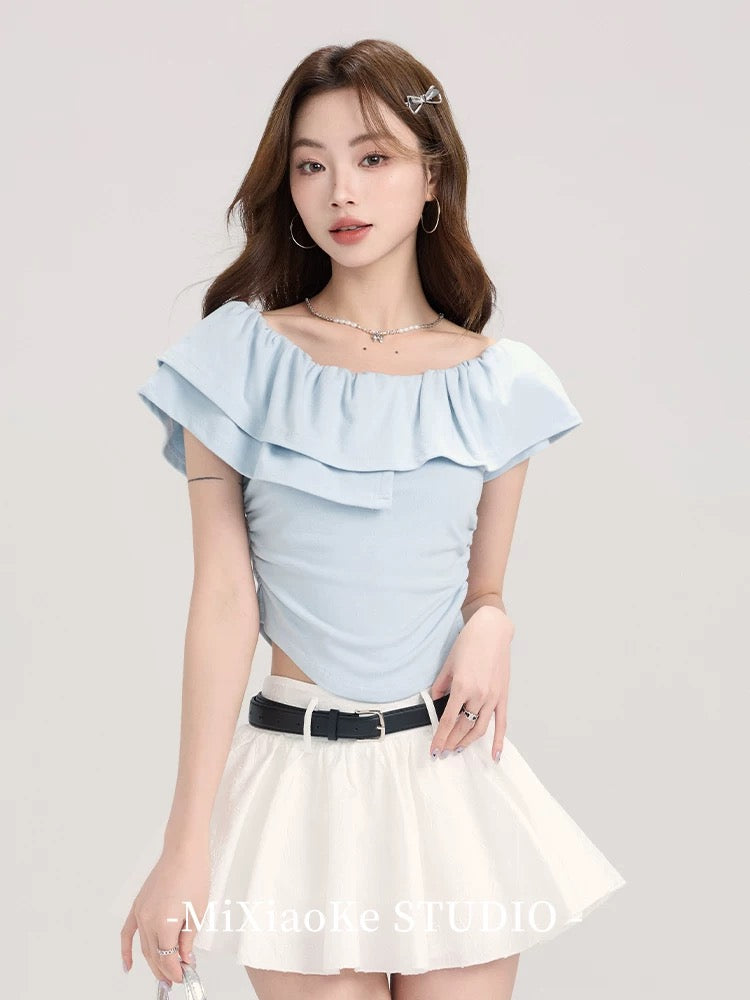 Mi Xiaoke French ruffled one-shoulder short-sleeved T-shirt for women in summer with a slim fit and pleated short top