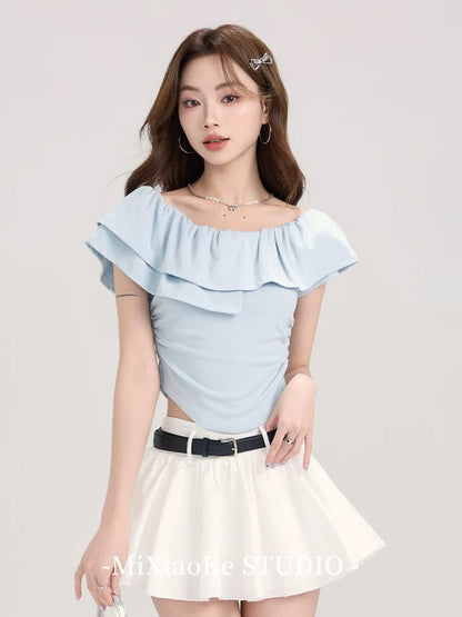 Mi Xiaoke French ruffled one-shoulder short-sleeved T-shirt for women in summer with a slim fit and pleated short top