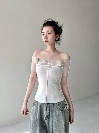 Ledisa original white one-shoulder splicing mesh handmade rose hot girl design top gg1627