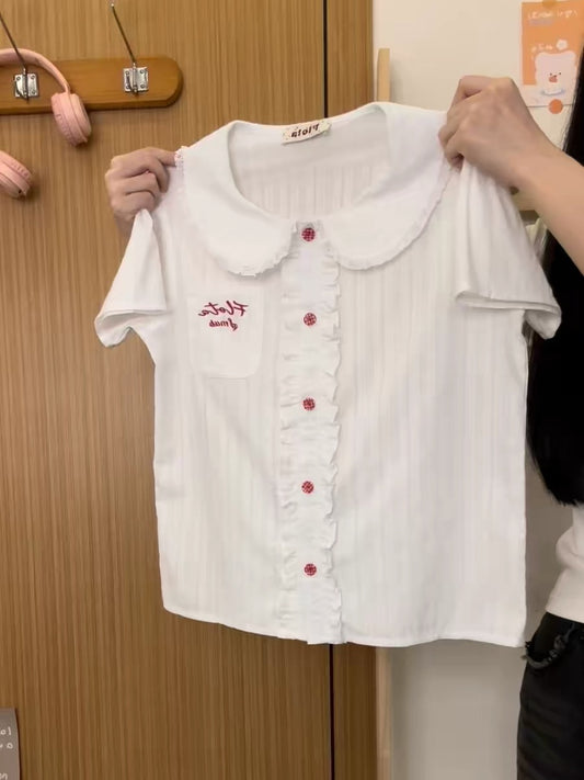 Creamy Universe Embroidered Letter Lace Patchwork Babydoll Shirt Short Sleeve Women's Japanese Sweet Style White Short Shirt