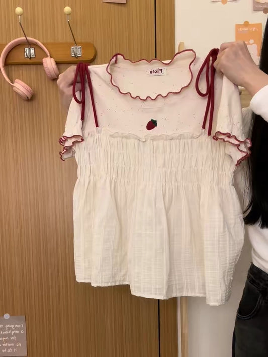 Creamy Universe Embroidered Strawberry Tie-up Patchwork Faux Two-Piece Short-Sleeve T-Shirt Women's Japanese Sweet Doll Top