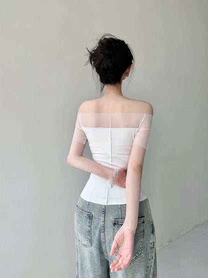 Ledisa original white one-shoulder splicing mesh handmade rose hot girl design top gg1627