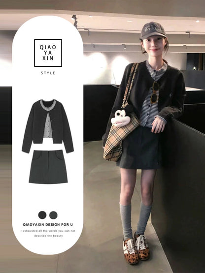 Miu series college style gray dress female 2025 new Korean style early autumn popular super hot wear a complete set