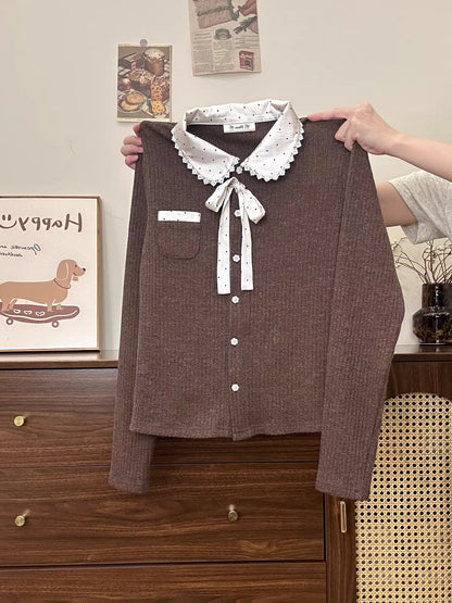 Creamy Universe: Polka Dot Tie-Waist Polo Collar Knit Cardigan, Long Sleeve, Retro Style, Slim Fit, Inner Layer Top