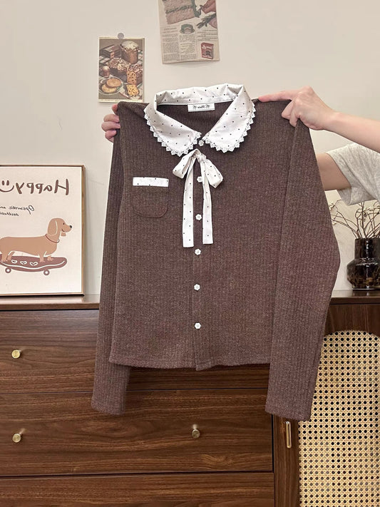 Creamy Universe: Polka Dot Tie-Waist Polo Collar Knit Cardigan, Long Sleeve, Retro Style, Slim Fit, Inner Layer Top