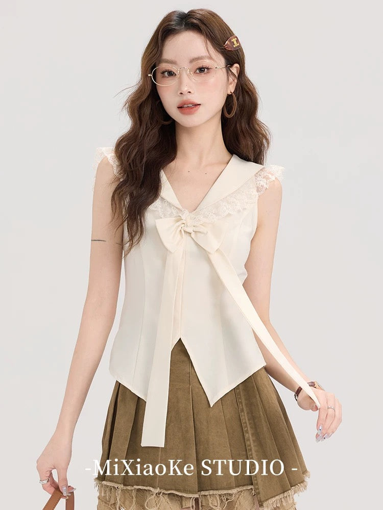 Mi Xiaoke lace navy collar sleeveless shirt for women in summer retro college style slim fit split short top