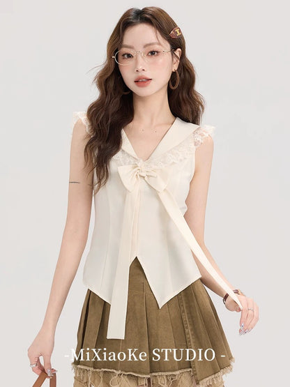 Mi Xiaoke lace navy collar sleeveless shirt for women in summer retro college style slim fit split short top