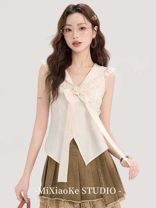 Mi Xiaoke lace navy collar sleeveless shirt for women in summer retro college style slim fit split short top