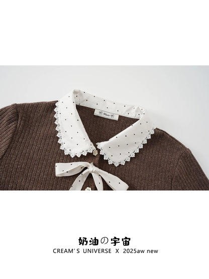 Creamy Universe: Polka Dot Tie-Waist Polo Collar Knit Cardigan, Long Sleeve, Retro Style, Slim Fit, Inner Layer Top