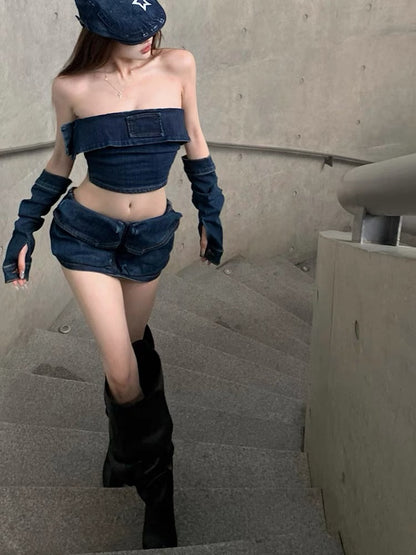 Women's summer suit fashion hot girl denim tube top vest 2023 new low waist bag hip skirt net red two-piece set