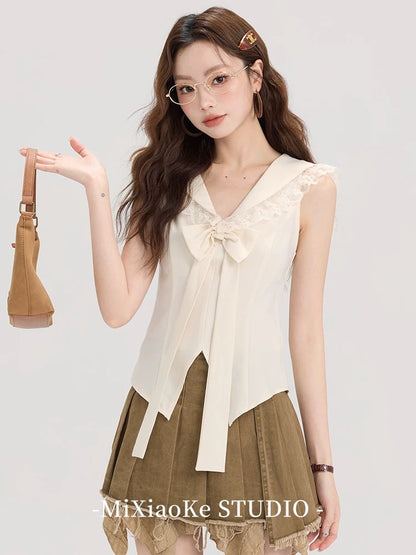 Mi Xiaoke lace navy collar sleeveless shirt for women in summer retro college style slim fit split short top