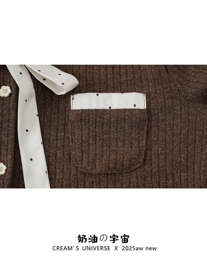 Creamy Universe: Polka Dot Tie-Waist Polo Collar Knit Cardigan, Long Sleeve, Retro Style, Slim Fit, Inner Layer Top