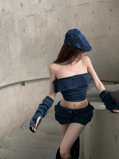 Women's summer suit fashion hot girl denim tube top vest 2023 new low waist bag hip skirt net red two-piece set