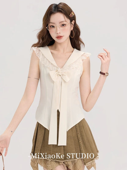 Mi Xiaoke lace navy collar sleeveless shirt for women in summer retro college style slim fit split short top