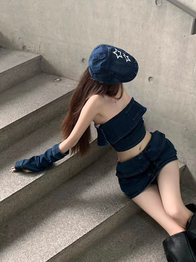 Women's summer suit fashion hot girl denim tube top vest 2023 new low waist bag hip skirt net red two-piece set