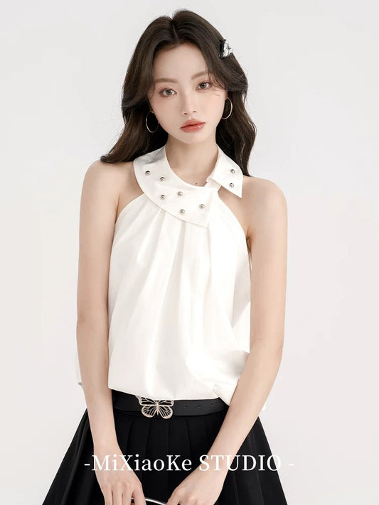 Mi Xiaoke American hottie white halter neck sleeveless vest suspenders female early spring design small short top