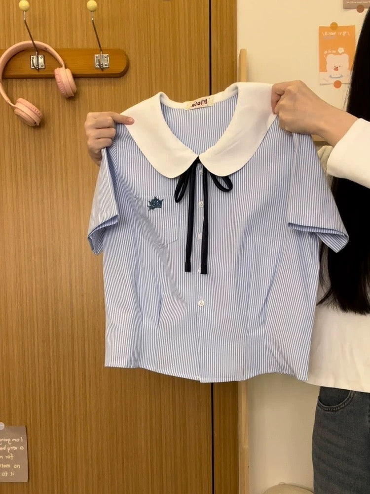 Creamy Universe Blue Striped Sailor Collar Short-Sleeve Shirt with Bow Tie - Women's Preppy Style