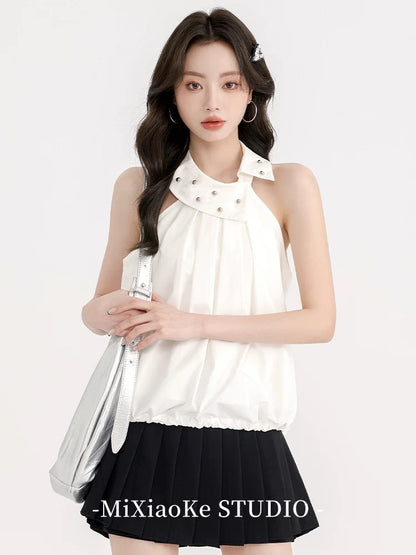 Mi Xiaoke American hottie white halter neck sleeveless vest suspenders female early spring design small short top