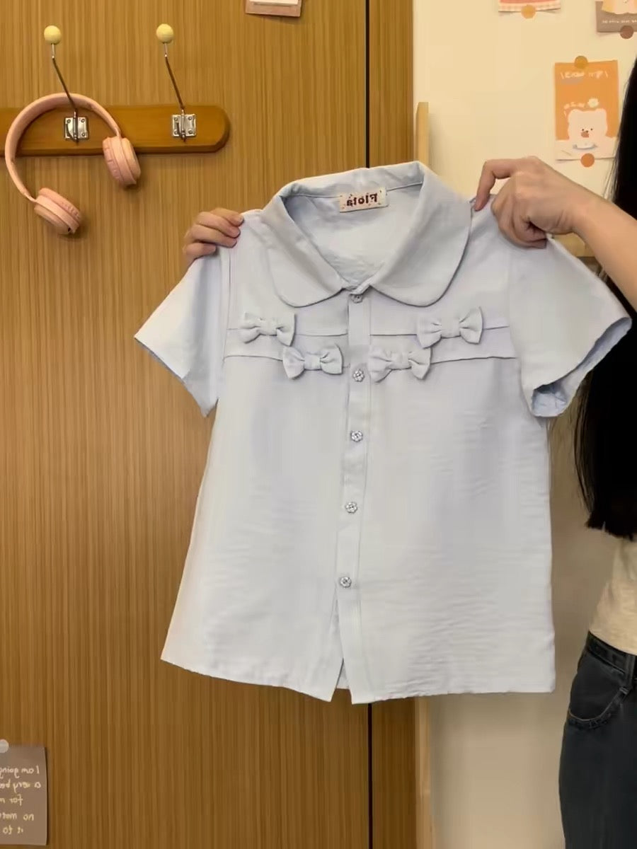 Creamy Universe 3D Bow Polo Collar Shirt Short Sleeve Women's Fresh Blue Peter Pan Short Top