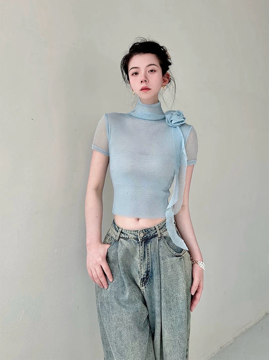 Ledisa original three-dimensional rose high collar slim T-shirt female 2024 summer temperament top gg1621