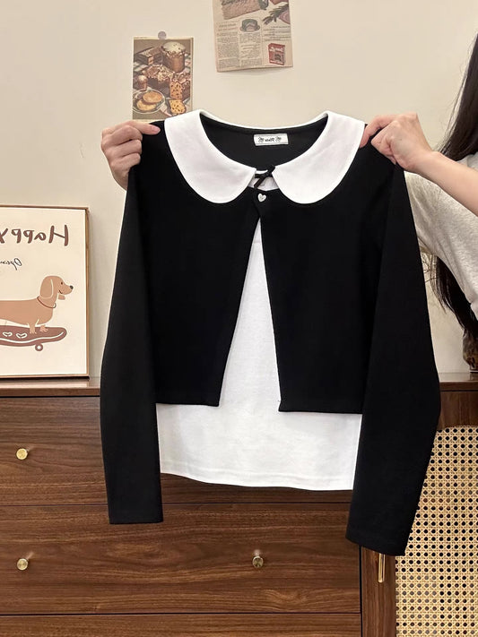 Creamy Universe - Color-blocked two-piece Peter Pan collar long-sleeved T-shirt for women, Korean style, slim fit, short style, inner layer top.