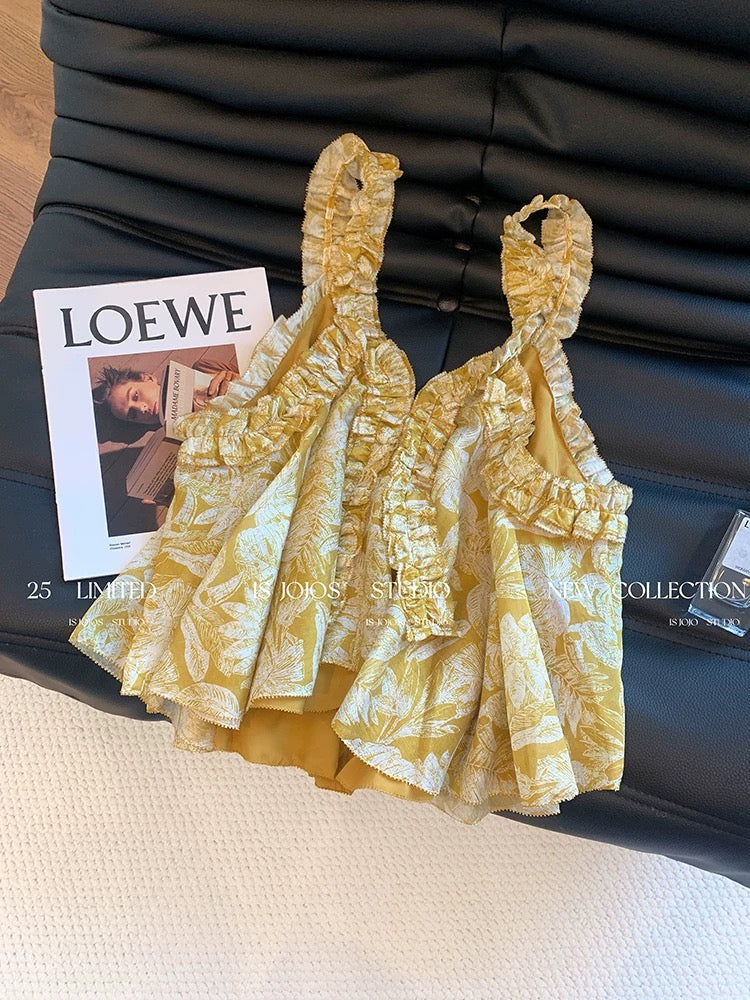 French holiday style floral camisole for women summer wear retro design elegant sleeveless ramie top
