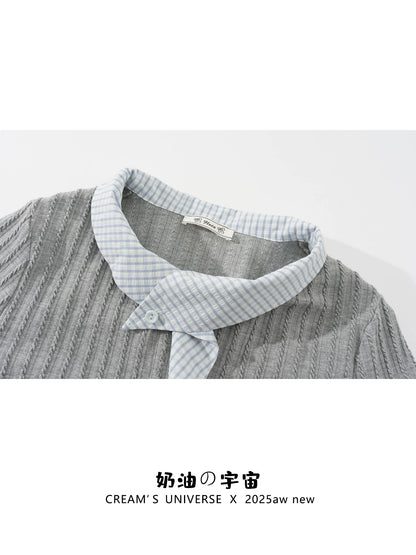 Creamy Universe: Plaid Patchwork Faux Two-Piece Cardigan Long-Sleeved Top for Women, Gentle and Elegant Slim Fit, Early Autumn Innerwear