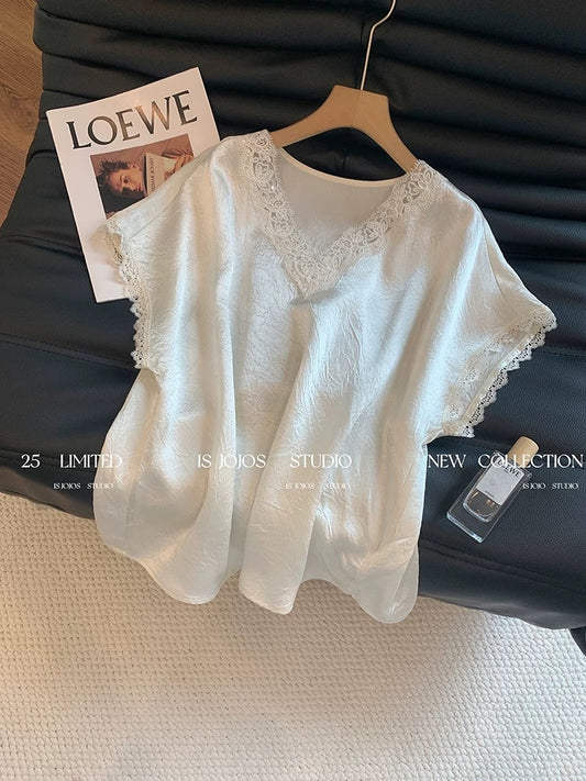 High-grade lace V-neck satin short-sleeved shirt for women French style unique temperament versatile slim acetate top