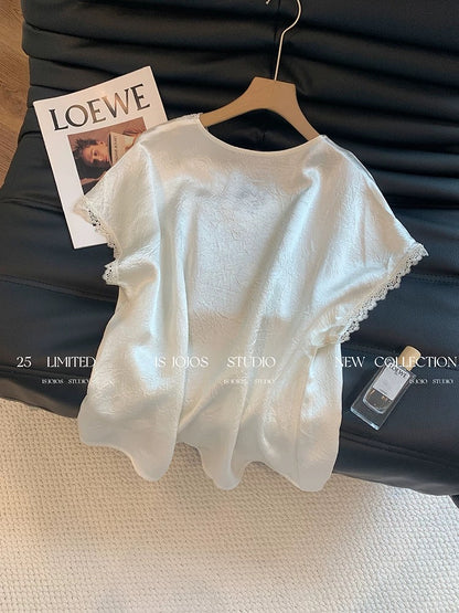High-grade lace V-neck satin short-sleeved shirt for women French style unique temperament versatile slim acetate top