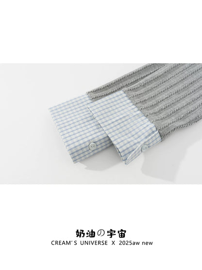 Creamy Universe: Plaid Patchwork Faux Two-Piece Cardigan Long-Sleeved Top for Women, Gentle and Elegant Slim Fit, Early Autumn Innerwear