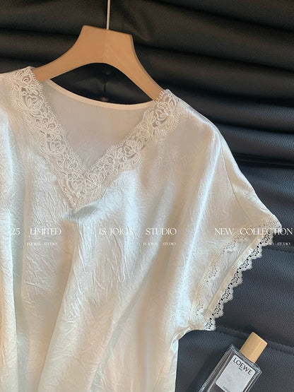 High-grade lace V-neck satin short-sleeved shirt for women French style unique temperament versatile slim acetate top
