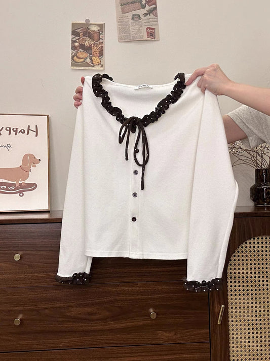Creamy Universe: Polka Dot Tie-Waist Ruffled V-Neck Thickened Long-Sleeved Slim Fit Knit Top for Women