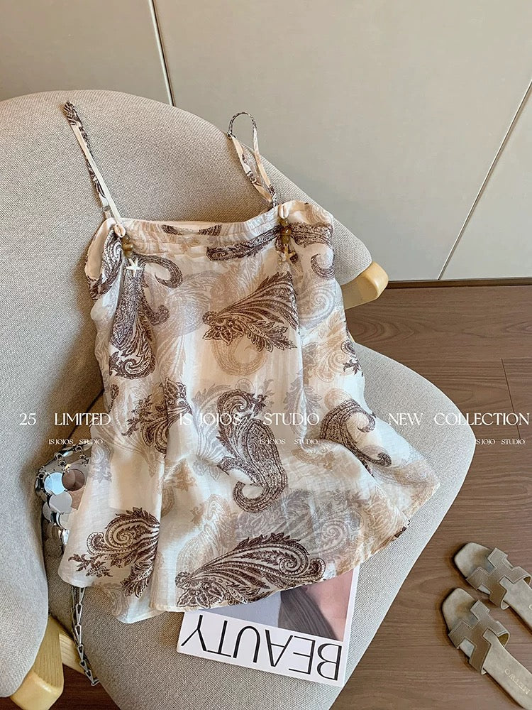 Bohemian cashew flower chiffon camisole for women summer thin style unique temperament niche holiday style sleeveless top